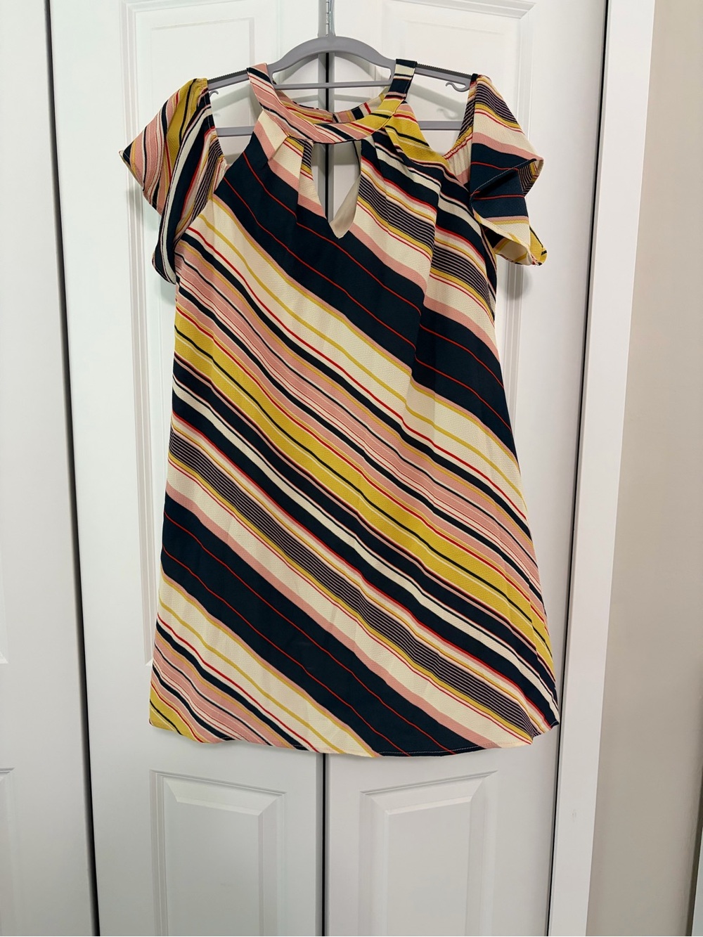 Lily Rose Striped Cold-Shoulder Women's Top in Navy, Pink & Yellow